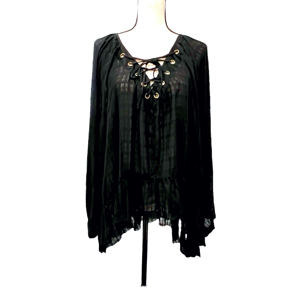 Vintage Havana Lace Up Black Windowpane Check Oversized Swing Top
